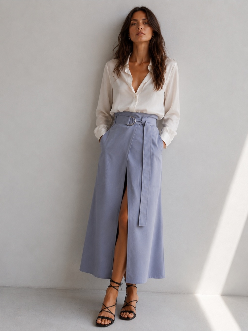 ADEAM x Carolyn Murphy Kyoto Wrap Midi Skirt Light Indigo NWT MSRP $650